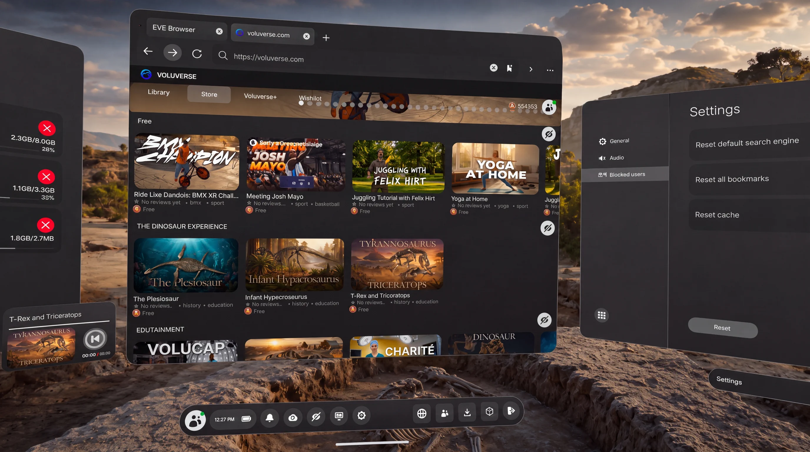 EVE Browser interface in XR with web tabs, a spatial content library, settings panels, and floating controls